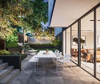 a patio with a table and chairs