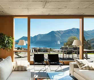 a living room with large windows