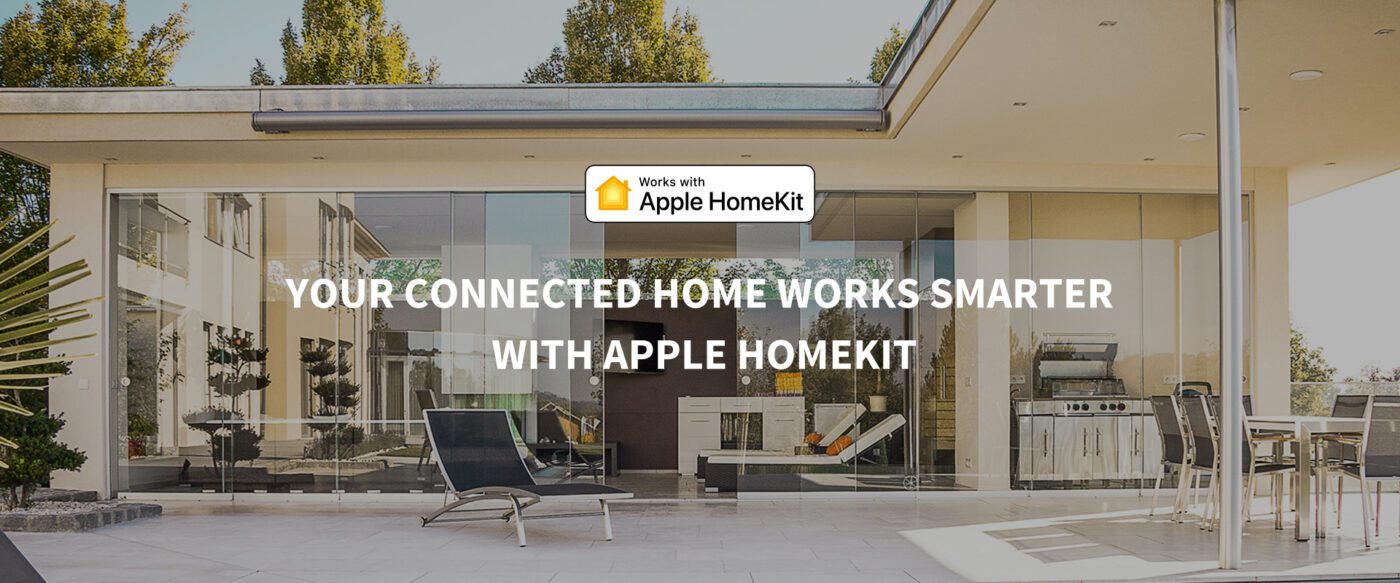 Work with Apple Home kit 1 a glass wall with a chair in front of a house